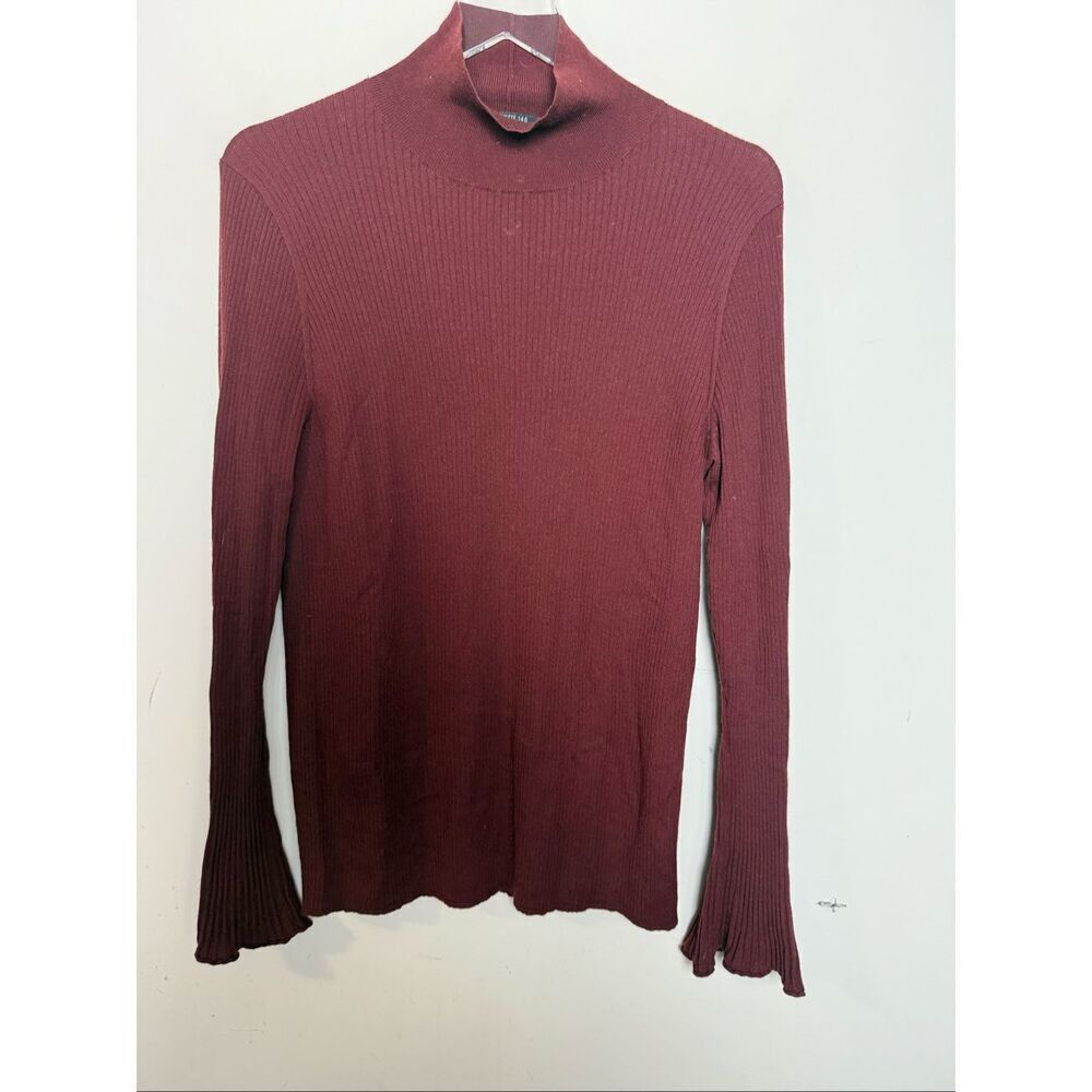 Lafayette 148 100% Wool Ribbed Mock Neck Sweater XL Burgundy Wine Fluted Cuff Mi